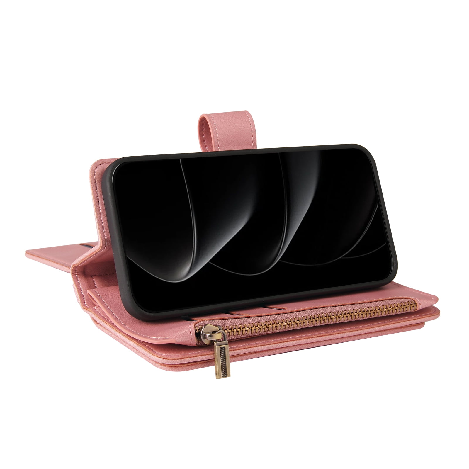 Phone Case for iPhone 17 Pro Max, Wallet Case Luxury Folio Flip Leather Cover [Zipper Pocket] [Wrist Strap] [Kickstand] for iPhone 17 Pro Max, Pink