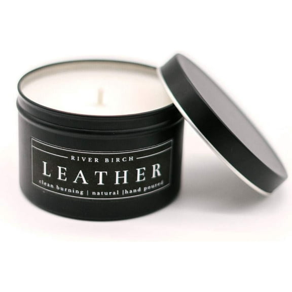 Leather Scented Candle - Premium, Natural, Non-Toxic, Soy Candles Ideal for Home & Cozy Gifts - Black Matte Tin - 8 oz