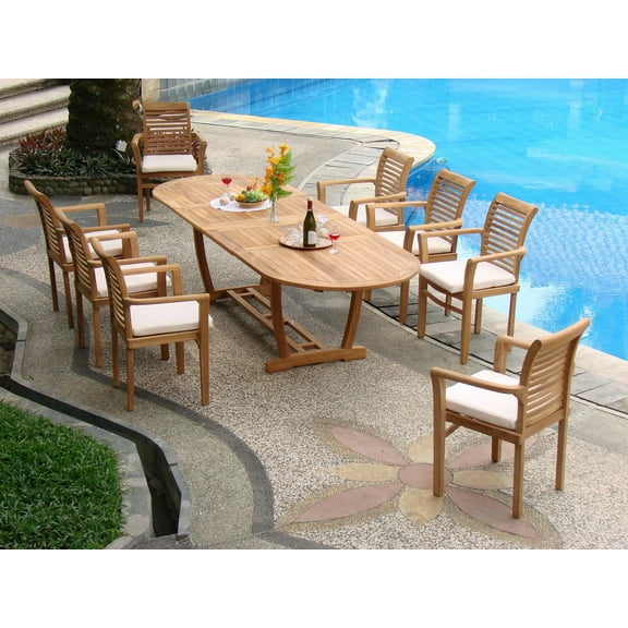 Teak Dining Set:8 Seater 9 Pc - Large 117" Mas Oval Table(Trestle Leg) And 8 Mas Stacking Arm Chairs Outdoor Patio Grade-A Teak Wood WholesaleTeak #WMDSMSb