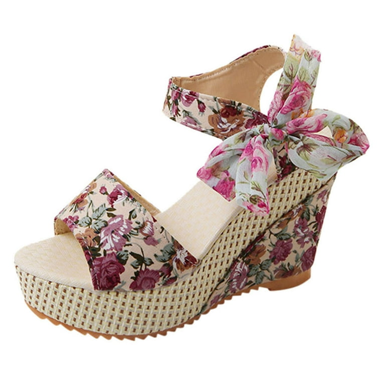 Women Shoes Women's Platform Wedges Heel Sandals Floral Flower Lace-up  Shoes Footwear Pink 6