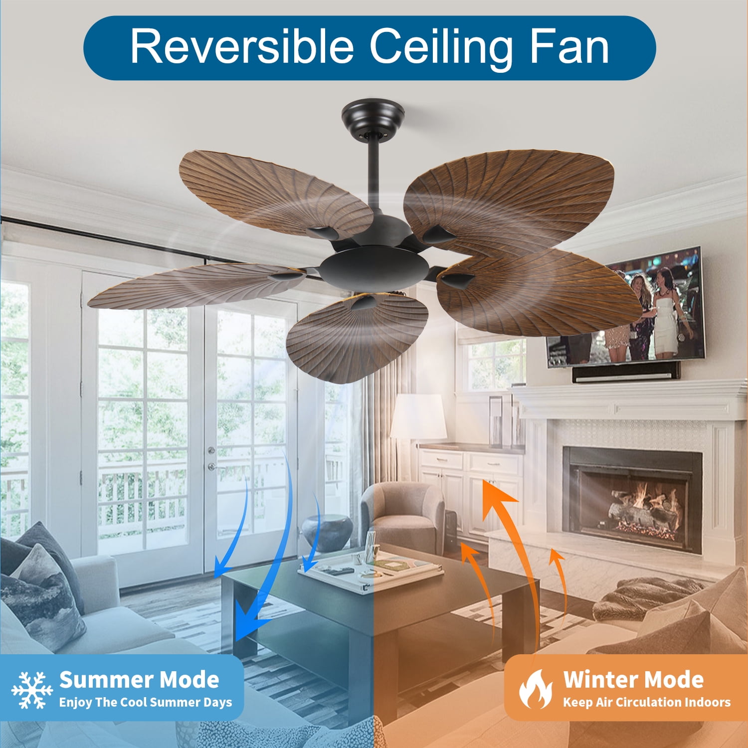 52 In Indoor/Outdoor Brown Retro Tropical 5-Palm Leaf Ceiling Fan, No Light, 6-Speed with Forward/Reverse