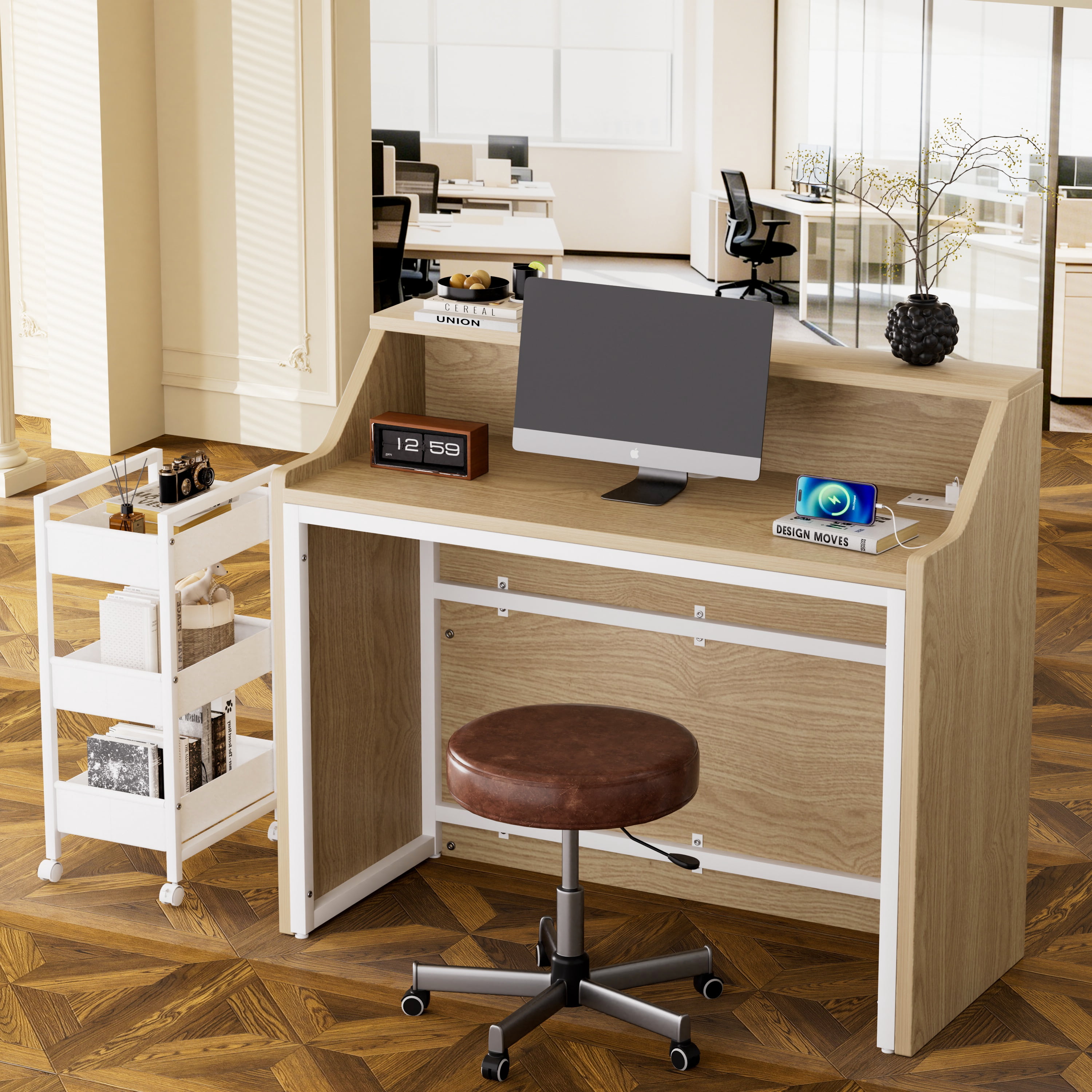 Astoutdoor 46.5 in Reception Desk with Storage Cabinet, Front Desk, Retail Checkout Counter, Natural + White