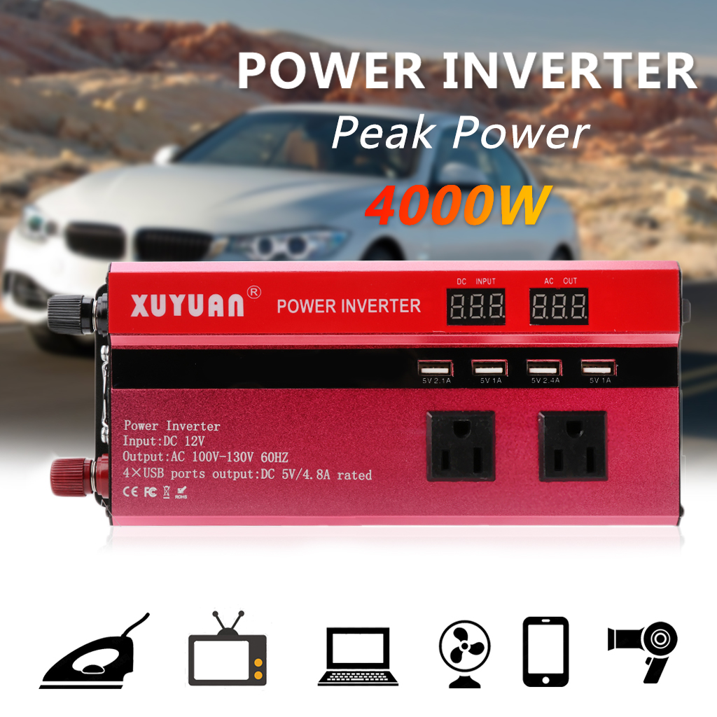 4000W Solar Power Inverter Sine Wave LED 4 USB DC12 To AC110V/220V Convert
