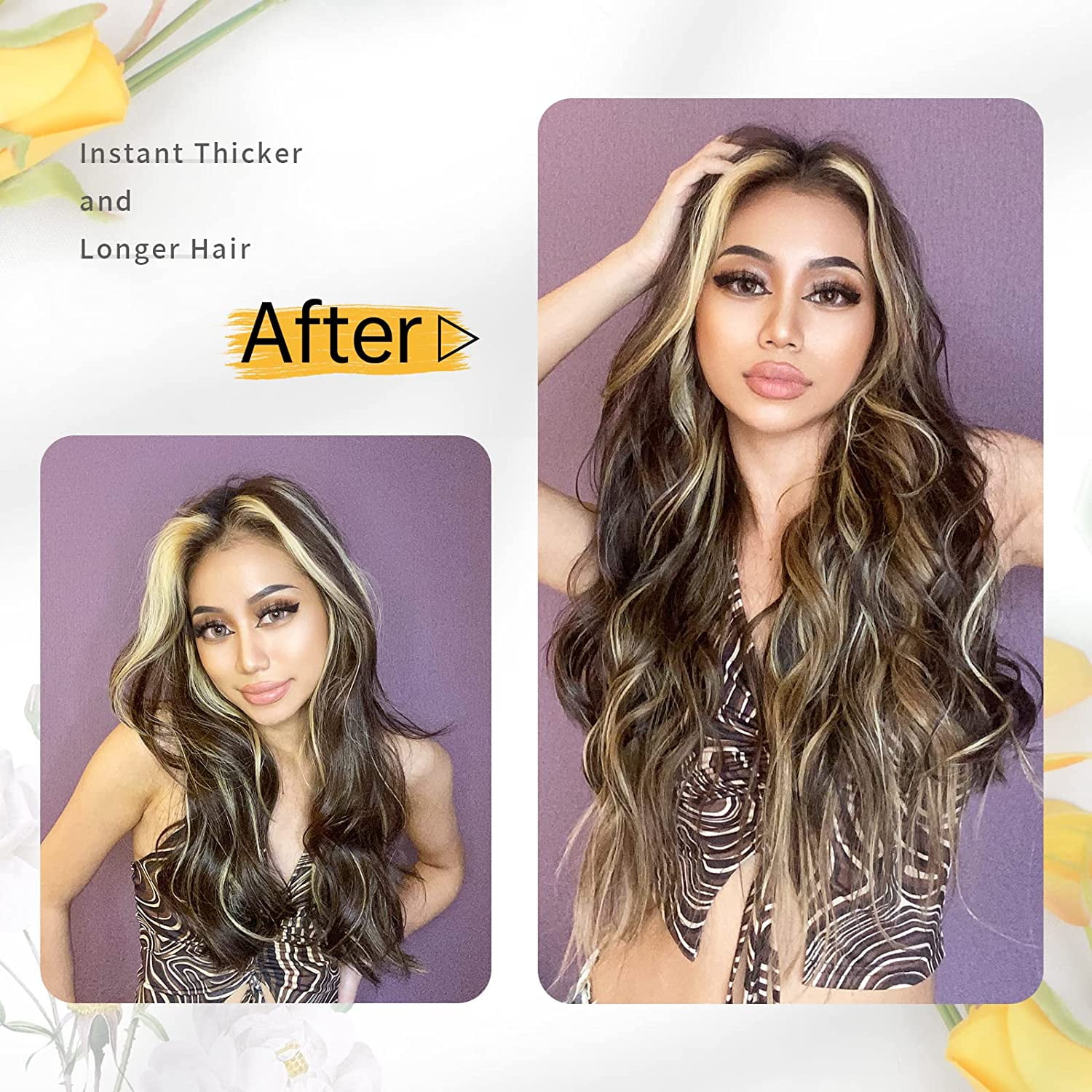 Invisible Wire Hair Extensions with Transparent Headband Adjustable Size 4 Secure Clips Long Wavy Highlight Hairpiece 20 Inch Balayage Chocolate Brown to Caramel Blonde for Women