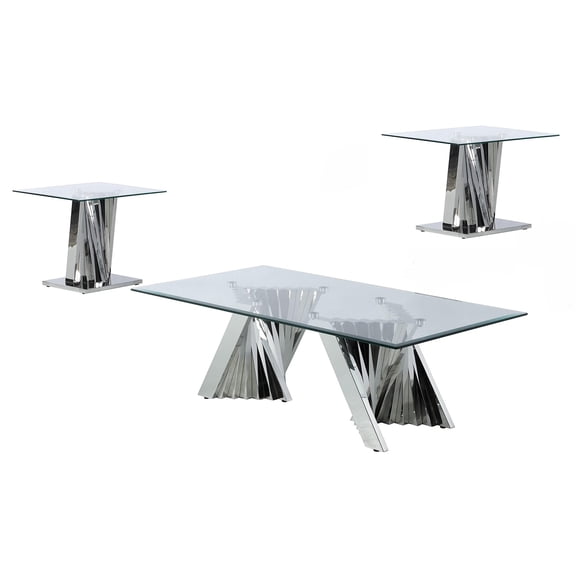 Geometric Clear Glass Coffee   2 End Table Set with Silver Stainless Steel