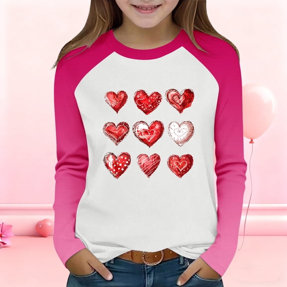 Girls Long Sleeve Valentine's Day Shirt Heart Print Raglan Tee Stretchy Pink Top for Kids,Size 2 T