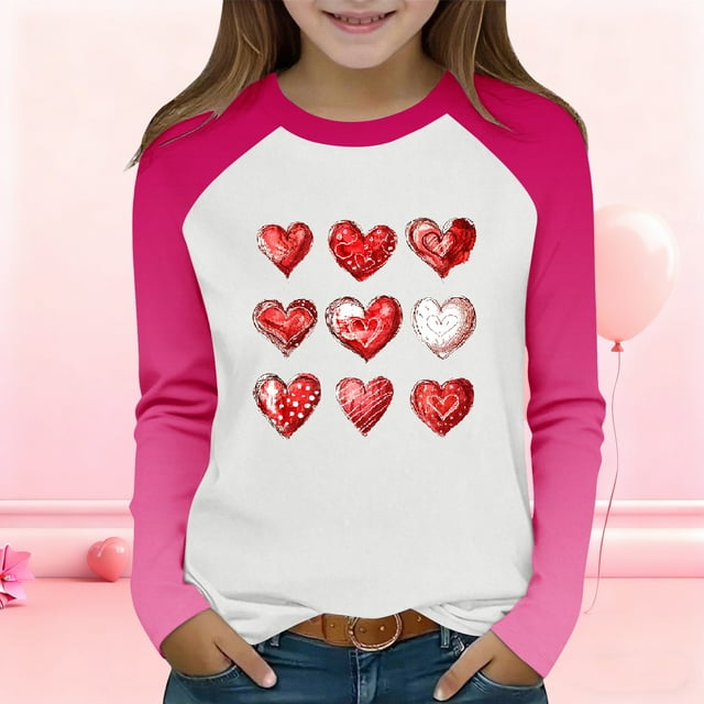 Mceream T-Shirts de la Saint-Valentin pour Filles avec Cœur Graphique Manches Longues Tunique Tee Tops Coton Manches Longues Col Rond T-Shirts Sudaderas Para NiñAs Rose 3 Ans