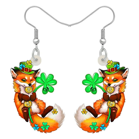 St. Patrick's Day Acrylic Green Shamrock Fox Earrings Wildlife Dangle Jewelry Charm Gifts for Women