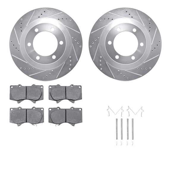 Dynamic Friction Company Front Brake Rotors-Drilled and Slotted-Silver with Heavy Duty Brake Pads includes Hardware 7212-76003