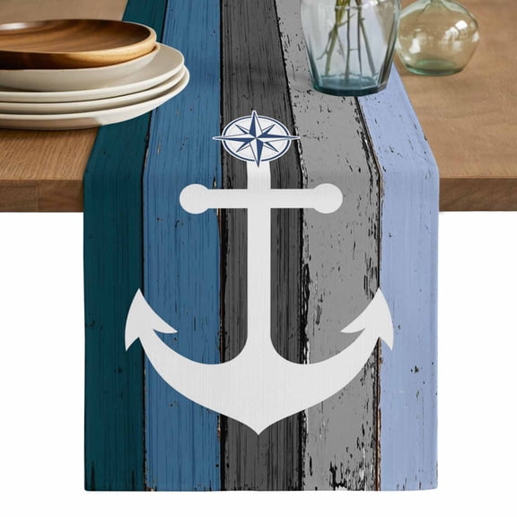 Blue Nautical Anchor Table Runner, Rustic Distressed Wood Grain Washable Cotton Linen Table Runners 60 Inches Long, Dresser Scarf Runner for Coffee/TV Stands/Kitchen/Cabinets 13''x60''