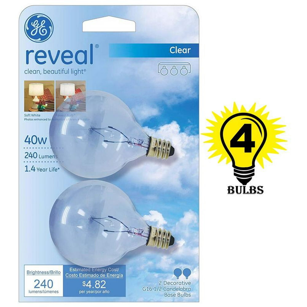 Ge Reveal Mini Globe Bulb 40 Watt G16.5 Candelabra Clear, 4 Bulbs