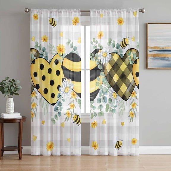 Bee Love Sheer Curtains 84 Inch Length 2 Panels Set, Daisy Eucalyptus Leaves Rustic Gray Plaid Voile Window Treatment Rod Pocket Curtains Sheers Drapes for Bedroom/Living Room/Kitchen 52"x84"x2