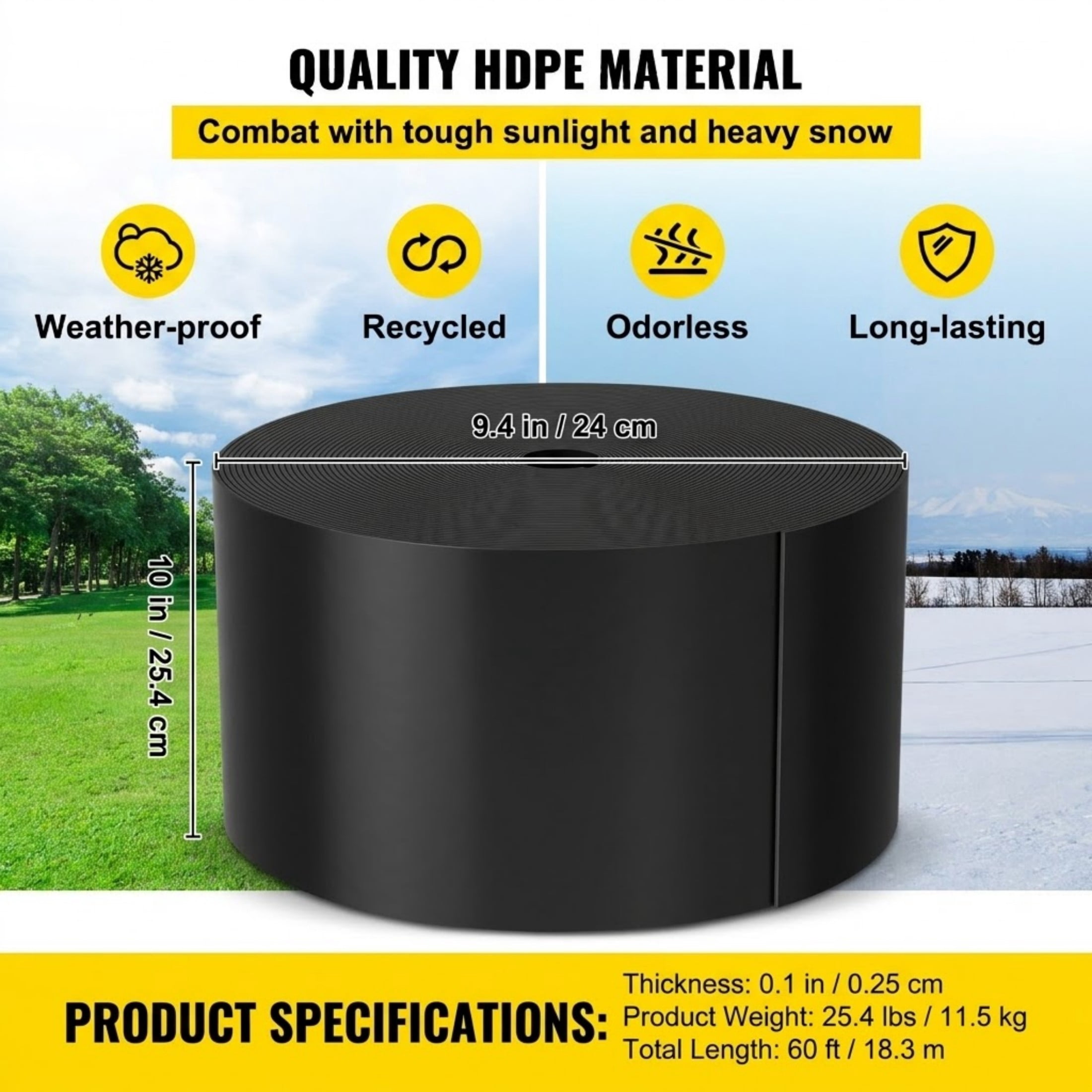 60 ft x 10 in Landscape Edging, Flexible HDPE Coiled Terrace Board Garden Border, Heavy Duty Weed Barrier for Lawn and Yard, Black
