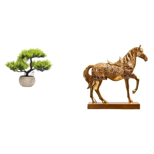 Árbol bonsái artificial,Árbol bonsái artificial para decoración de escritorio de interior y hogar,Árbol bonsái falso Planta falsa en maceta Planta falsa,Estatuas de caballos,Estatuas de
