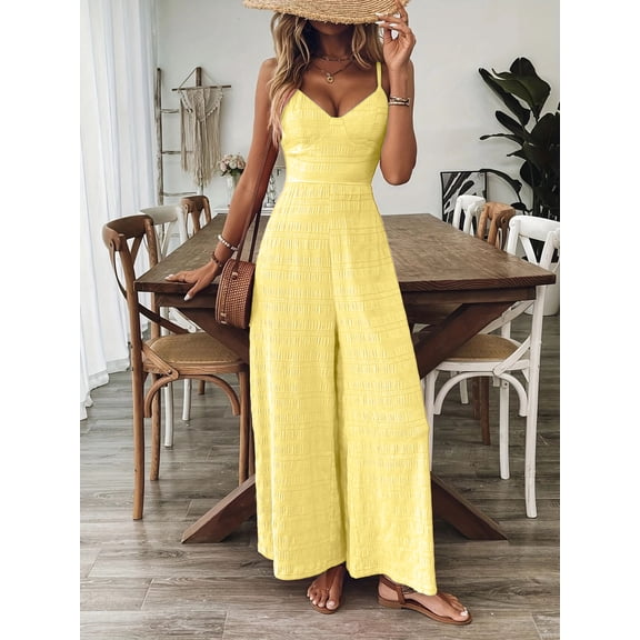 Zukuco Women's Elegant Sleeveless Jumpsuit - V-Neck Wide Leg Romper with Back Bow, Summer Casual Beachwear Vacation Outfit, M