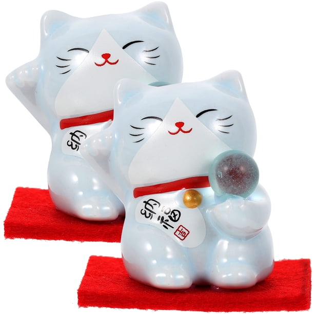 FELTECHELECTR 2 figuras de gato de cerámica de mesa, decoración de gato de la fortuna china, estatua de gato de cerámica lisa, artesanía.