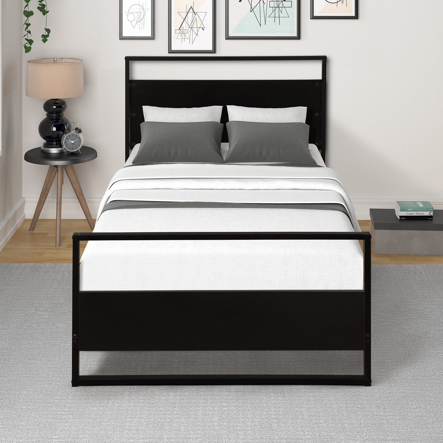 Platform Bed Frame with Bonus Mattress Twin Metal Black Silver Kids Furniture 