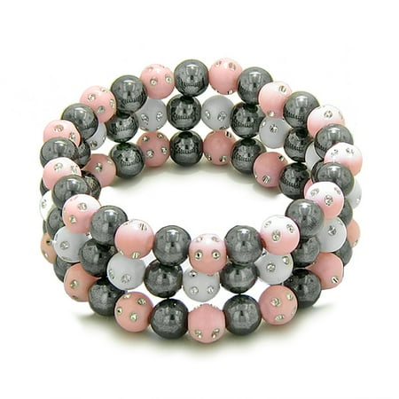 - Amulets Set of 3 Individual Simulated Hematite Magnetic Bracelets White Baby-Pink Sparkling Crystals