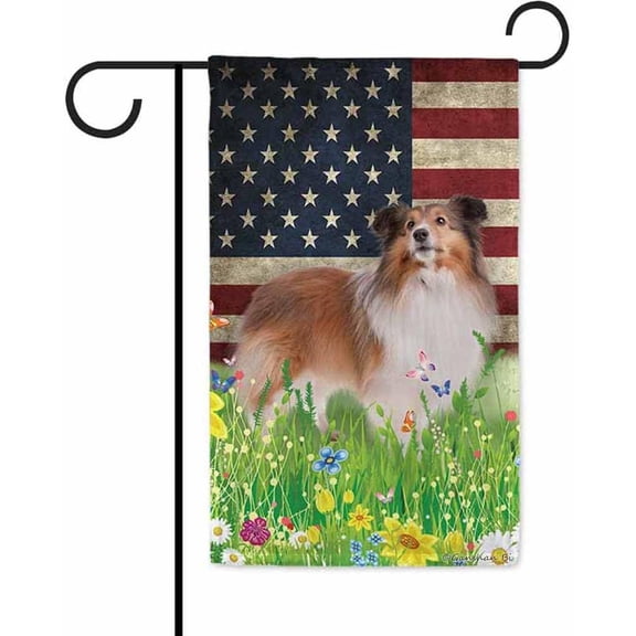 Patriotic US Flag Sheltie Garden Flag Dog Wildflowers Floral Spring Summer 4th of July Outside Decor Flag Banner 12.5X18 Inch Double Side Style 1