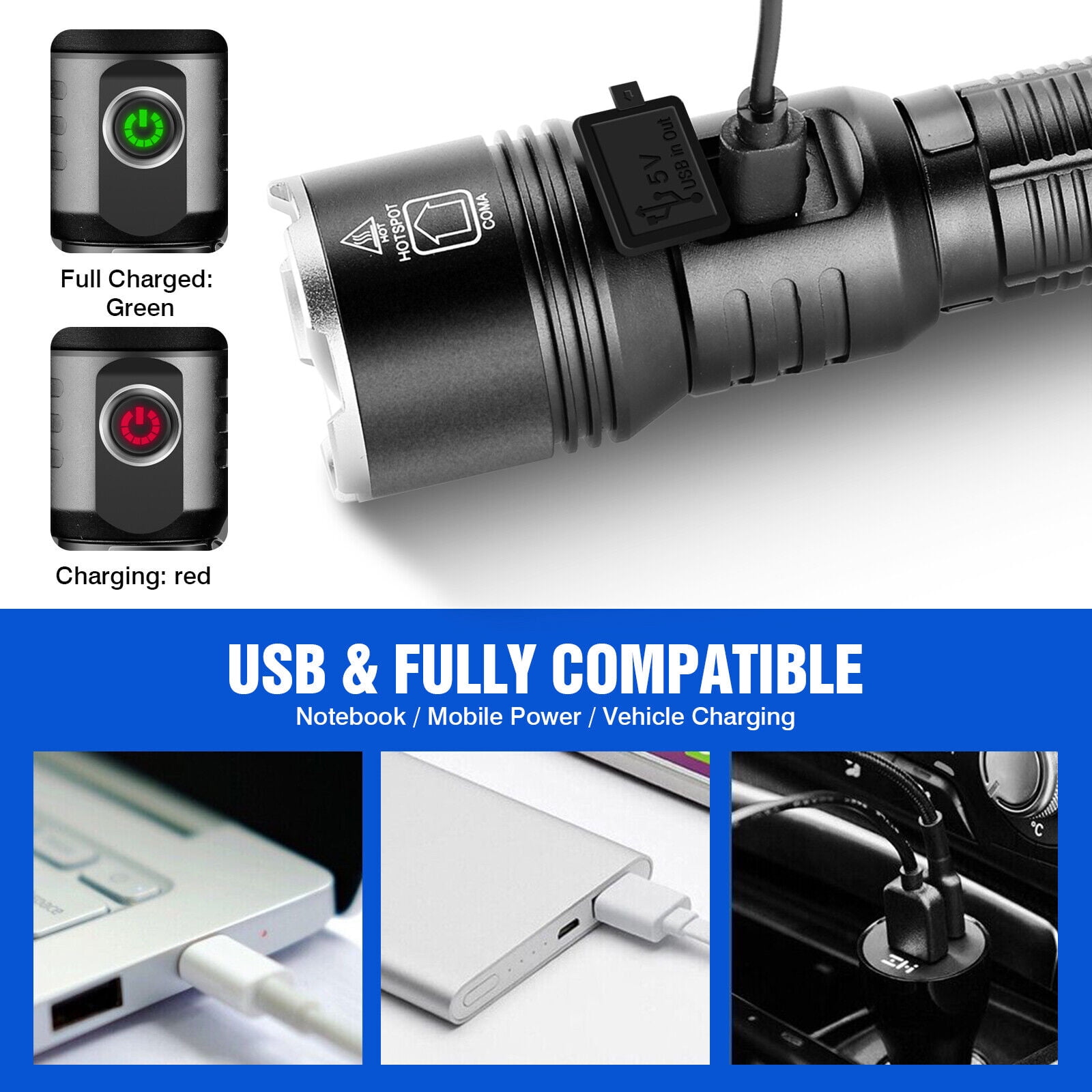 15W LED Rechargeable Flashlight Adjustable Focus Flashlights Waterproof Flash Light with Battery for Emergencies Camping