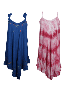 Mogul 2Pc Women Dresses Embroidered Blue,Pink Beach Boho Cover Up Tank Dress