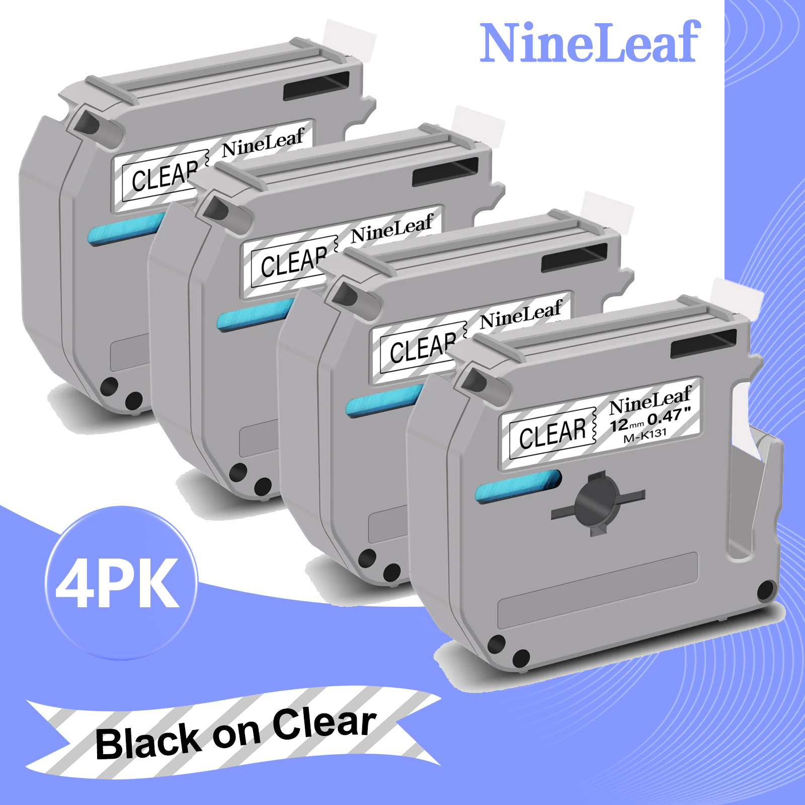 (2 pack) NineLeaf 4PK Compatible for Brother P-touch M-K131 M-K131s M131 1/2" 12mm Black on Clear Label Maker Tape Refills for PT-45m PT-65 PT-70bm