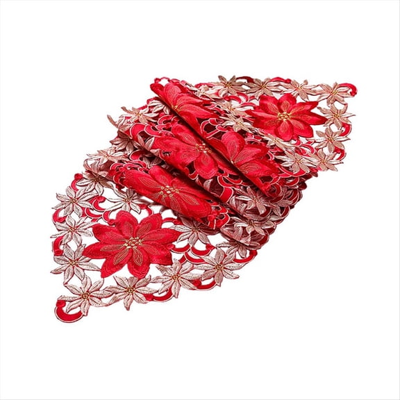Christmas Table Runner, Poinsettia Holly Leaf Embroidered Table Linens for Christmas Decorations 15 X 70 Inch,1 x Table Runner,Red