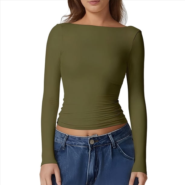 Camisa de Larga con Cuello Redondo para Mujer, Básica, con Doble Forro y Fruncido Lateral, para Salir Verde S