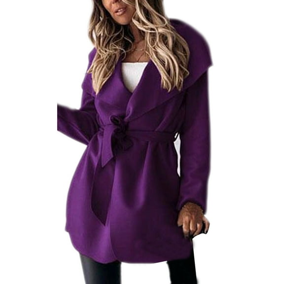 Lyinloo Woman Long Jackets Long Solid Woolen Coats Double Breasted Warm Blet Outwear Purple L