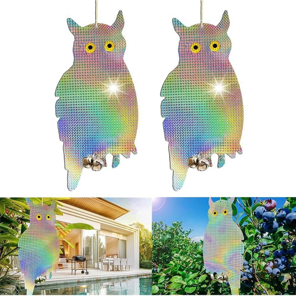 [2 Packs] Fake Owls Bird Scare Repellent Hanging Device 15.8 x7.8 IC ICLOVER Reflective Deterrent with Bells Easy Installation & Birds Away Silver