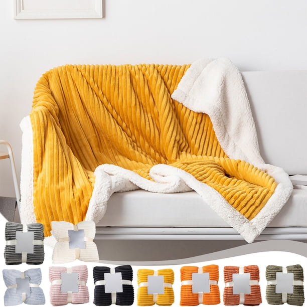Manta de franela y lana de cordero de doble cara espesada - Funda de sofá a rayas, 100x150cm, gris/amarillo/blanco/rosa/marrón/verde/naranja