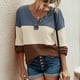 thumbnail image 3 of Top con cuello en V para mujer, Top de poliéster con manga larga acampanada, decoración de escote con botones, Top informal ajustado ZZ203S3146 Azul S, 3 of 5