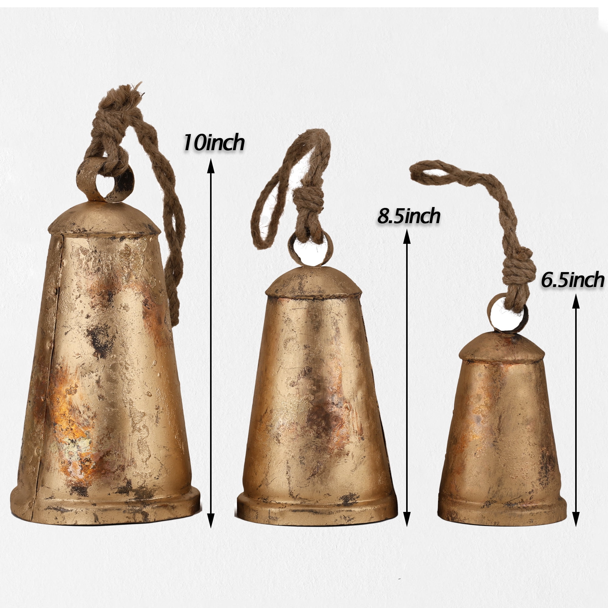 Vivanta Rustic Kettle Cow Bell Decoration Wind Chimes - Holiday Christmas Jingle Sleigh Metal Decorative Bells Decor 3 Pcs, Gold