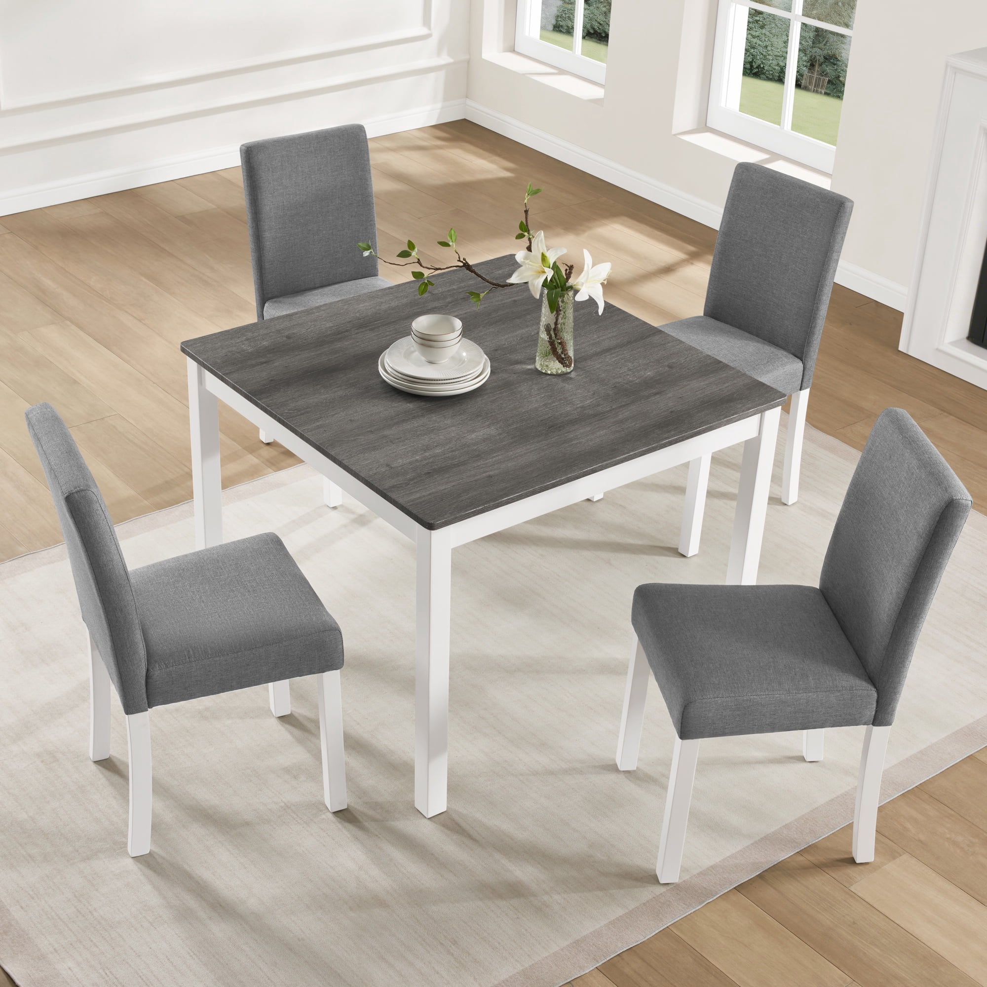 PORKISS 5 Pieces Dining Table Set, Kitchen Table with 4 Chairs, Solid Wood Dining Room Set for 4 with Upholstered Chairs, Gray + White