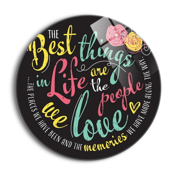 Best Things In Life Pink Yellow Floral 24 inch Glass Round Wall Hanging Sign
