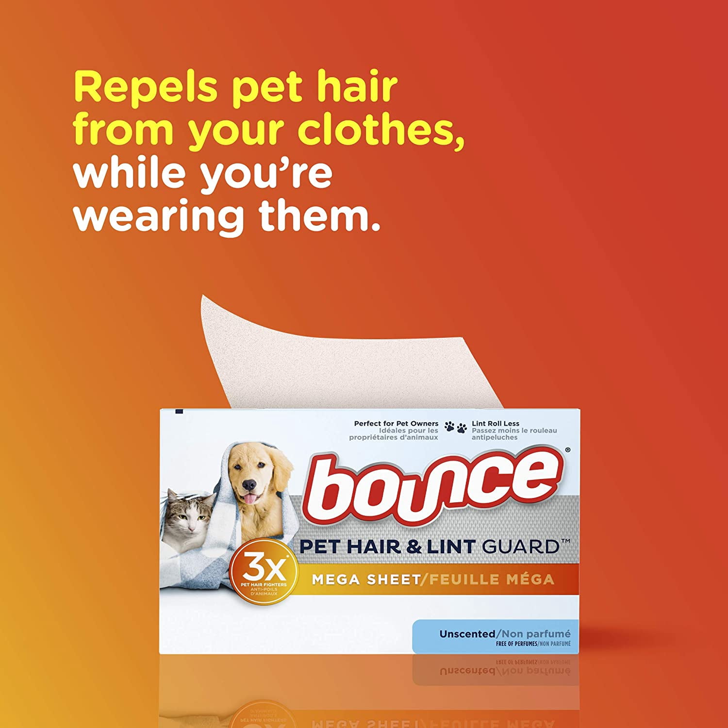 Bouce Pet Hair and Lint Guard Mega Dryer Sheets for Laundry, Fabric Softener with 3X Pet Hair Fighters, Unscented, Hypoallergenic, 120 Count
