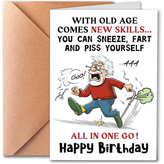 Funny Birthday Card for Grandpa – "New Skills with Age" Humorous Design – Blank Inside, Envelope Included – Perfect for Father's Day or Birthday Celebration