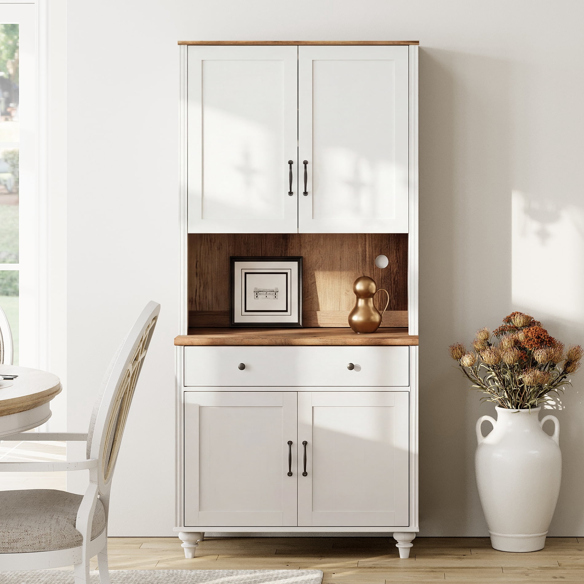 White Farmhouse Bookcase, Bookshelf with Ample Storage Cabinet, Library Wooden Bookshelves for Living Room, Office, Study Room