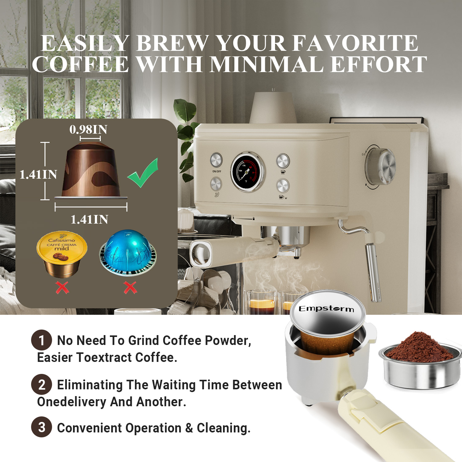 Empstorm 20 Bar Espresso Machine with Milk Frother Steam Wand, 3-in-1 Coffee Maker, Compatible with NS Pods, Stainless Steel, for Latte & Cappuccino, Beige