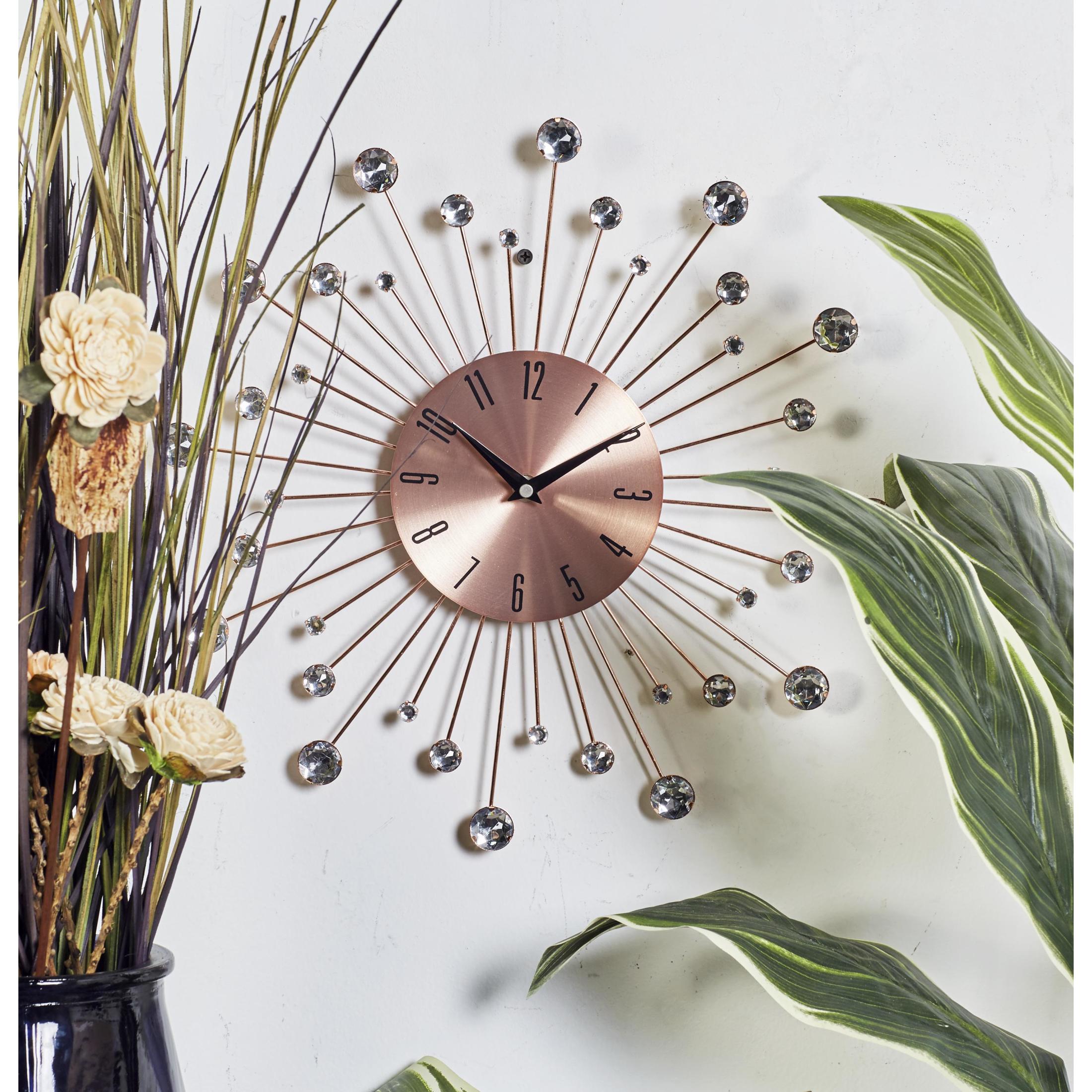 DecMode Copper Metal Starburst Wall Clock with Crystal Accents
