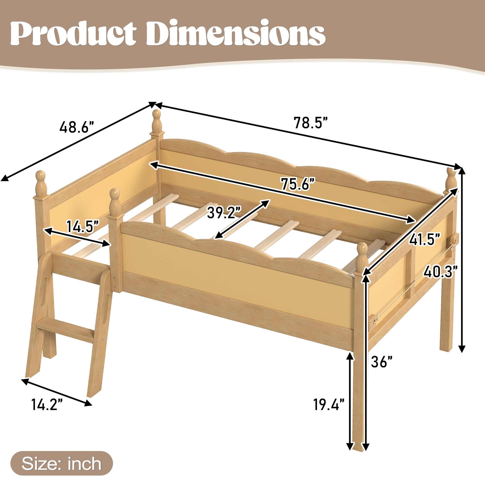 Safe Twin Size Low Loft Bed with Full-Length Guardrails and Bookshelf, Solid Wood Bed with Ladder for Kids and Teens, Natural