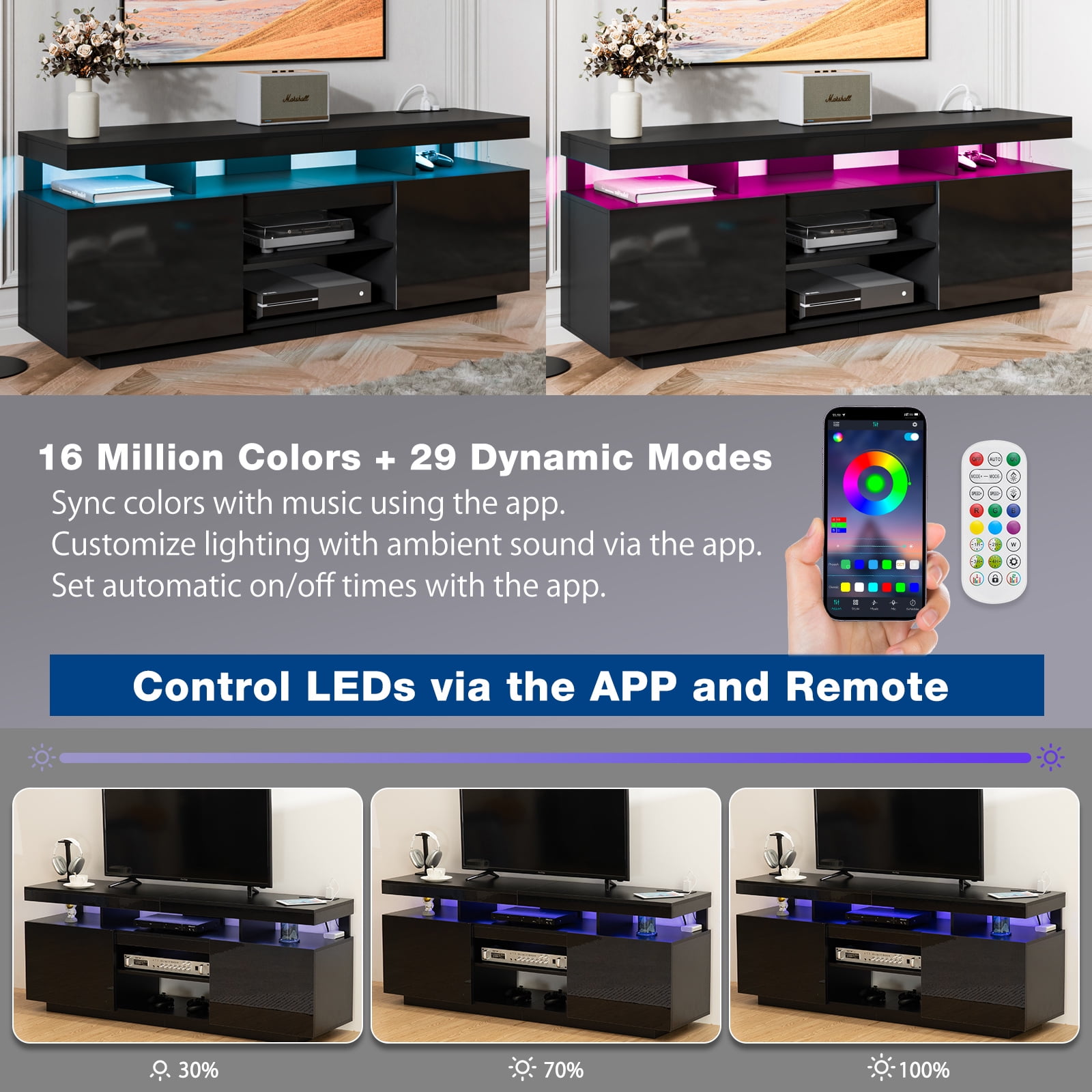Modern TV Stand for TVs up to 70" with Charing Station & LED Lights Wood TV Cabinet Media Console for PS5 Gaming LED Entertainment Center