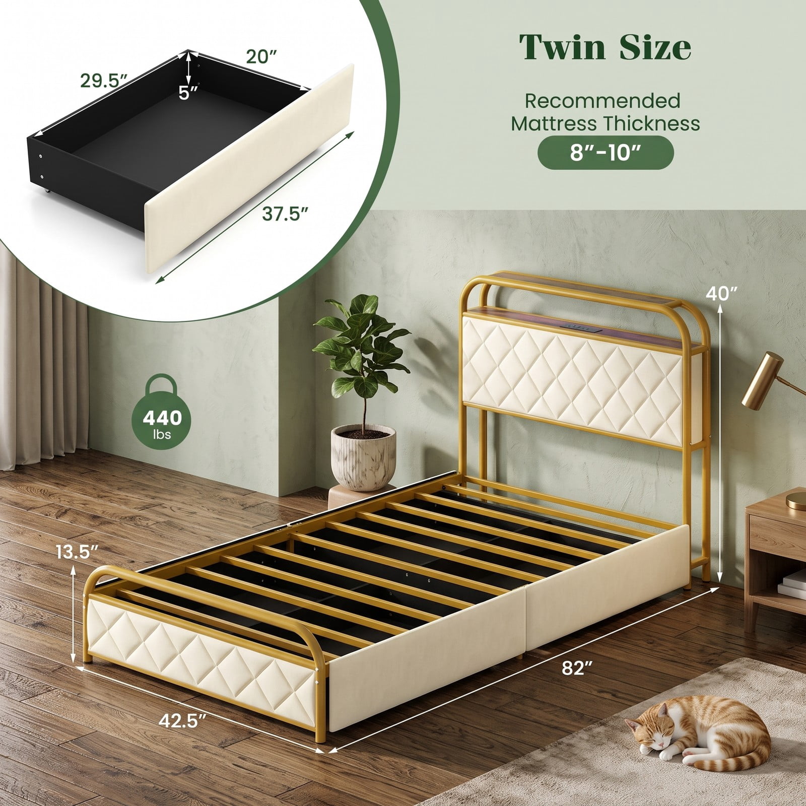 Furnibear Twin Size Metal Bed Frame with LED Lights Charging Station Storage Drawers and Upholstered Headboard for Bedroom, Gold