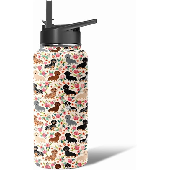 32oz Dachshundr Dog Design Insulated Water Bottle - Leakproof Stainless Steel Tumbler with Flip Straw, 24hr Temperature Retention,Gift for Female Dog Owners (Home/Office/Travel Use)