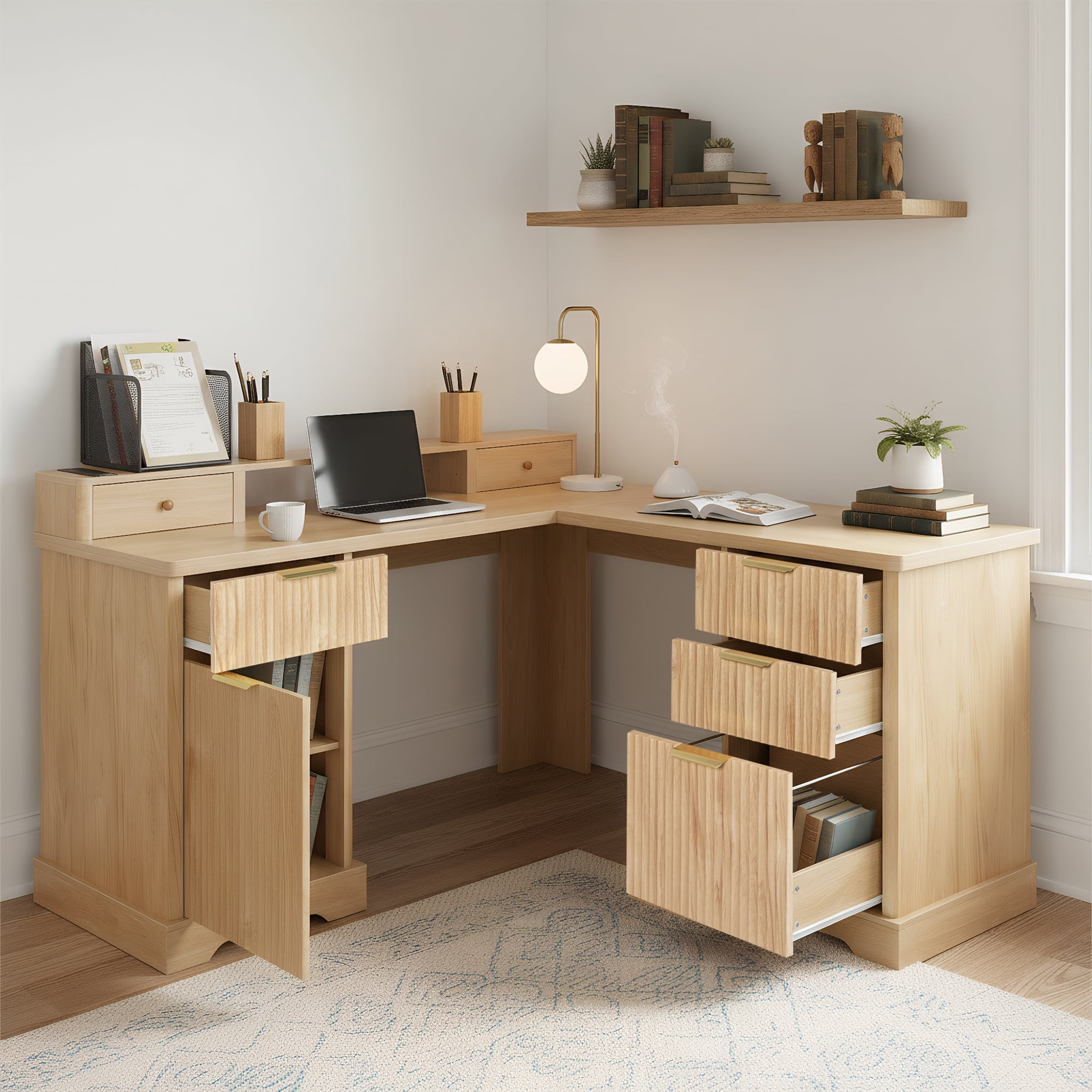 Mintazer 59" Modern Fluted L-Shaped Desk with Charging Station & Storage Drawers, Computer Desk with Monitor Stand & File Drawer for Study Living Room Home Office, Natural