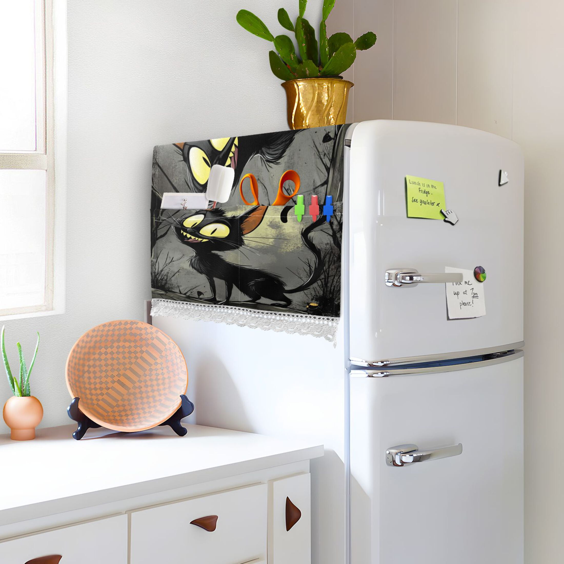 Funny Black CatWasher and Dryer Covers Dust-Proof and Oil Resistant Fridge Cover with 4 Storage Pockets Washing Machine Top Cover for Laundry Kitchen Home 51.2 x 22 In