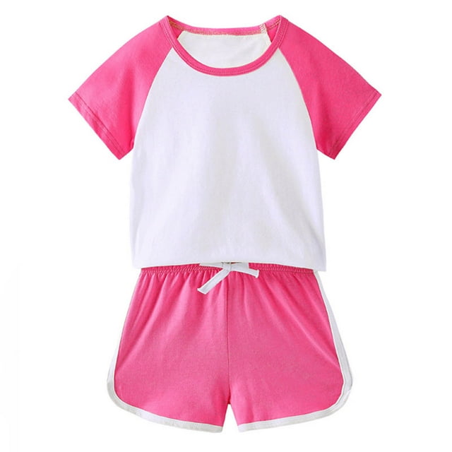 MKOSPLRT Workout Sets for Kid 12M-11Y Color Block Running Outfits Short Sleeve Raglan Shirts Drawstring Waist Track Shorts Sports Outfits
