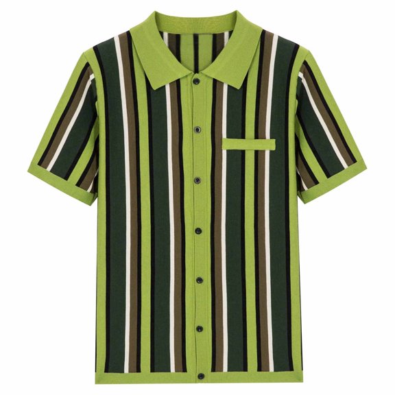 JWZUY Men's Short Sleeve Lapel Collar Button Down Striped Classic Regular Fit Blouse Basic Tops Green L