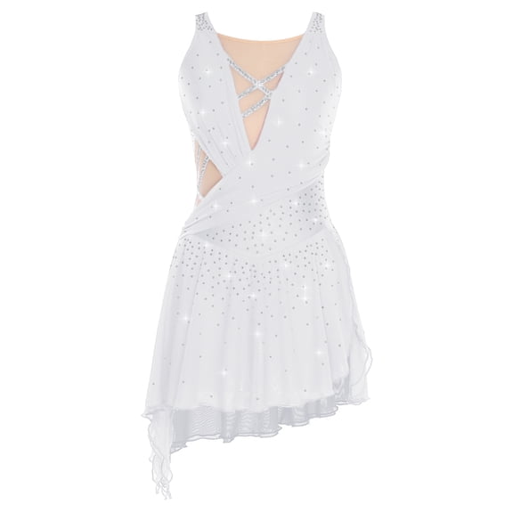Sholeno Women Dance Dress Rhinestones Adorned Straps Backless Side Slit Flowy Asymmetrical Hem Dress White M