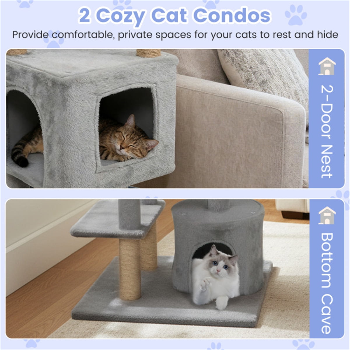 Light Gray 64 Inch Cat Tower with Plush Perches 3 Dangling Balls Jute Scratching Posts and Anti Tipping Device for Multi Cat Households
